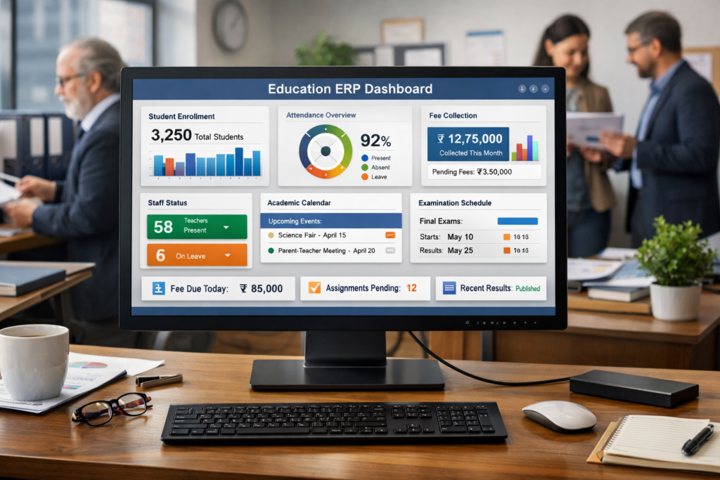 Modern school administration office with dashboard