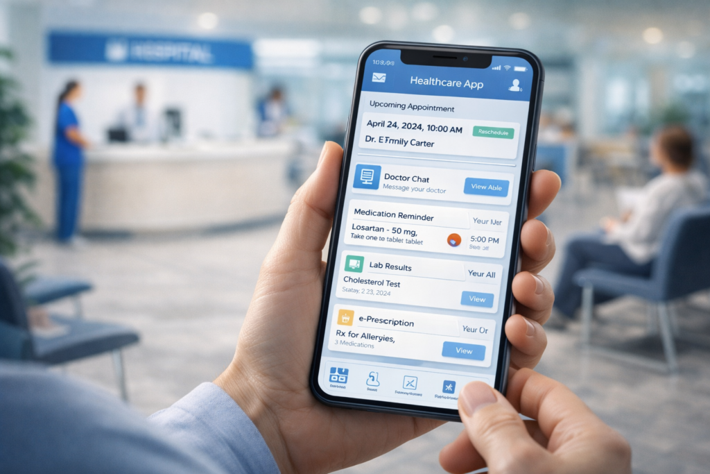 Patient using healthcare app in hospital